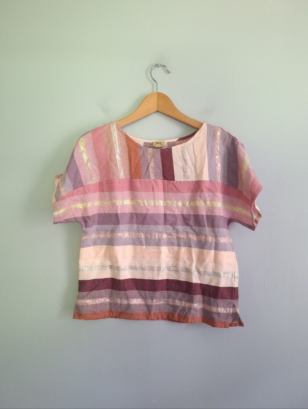 True Craft Striped Metallic Short Sleeve Top